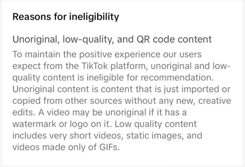TikTok ineligible-for-recommendation notice stating unoriginal, low-quality, and QR code content